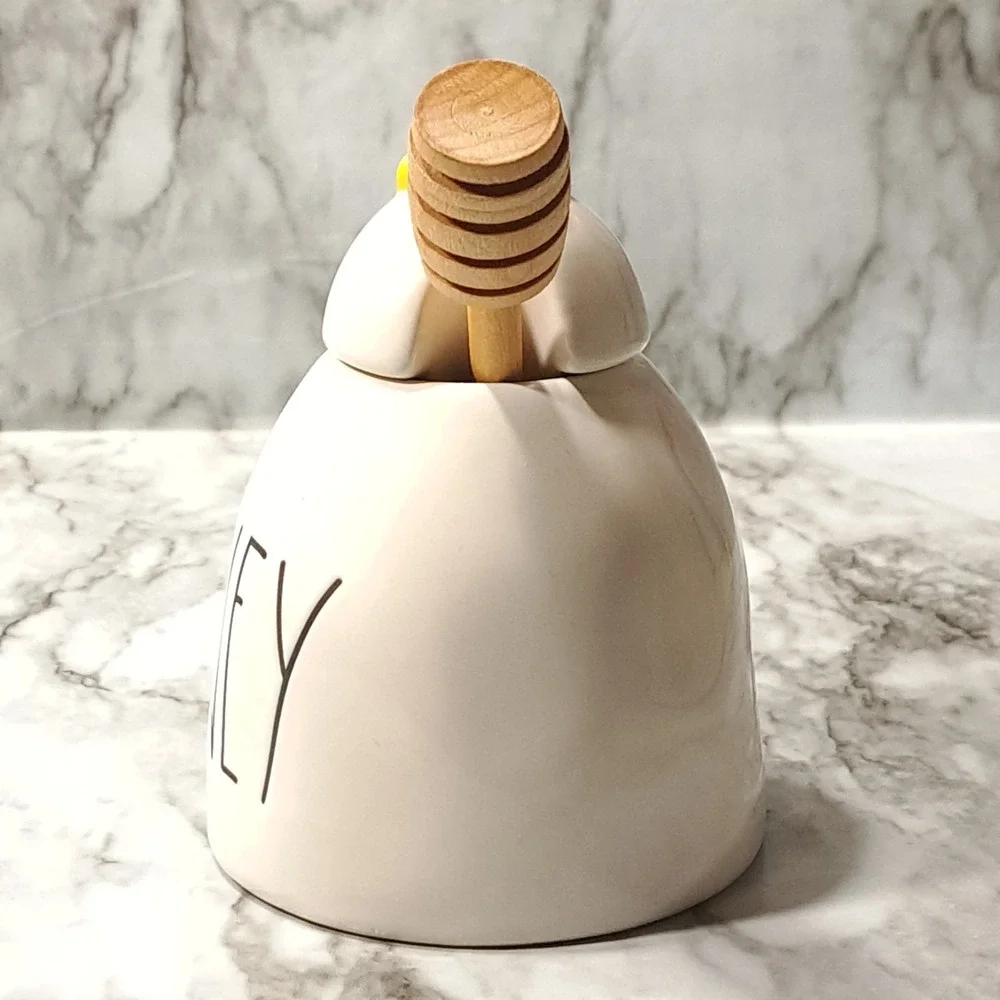 Rae Dunn Ceramic HONEY‎ Pot/ Jar With Wooden Honey Dipper  & Yellow Bee Lid